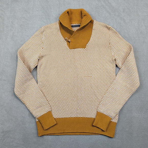 Sean John Preppy Herringbone Toggle Shawl Collar Sweater M Mustard Yellow Cotton — photo 2